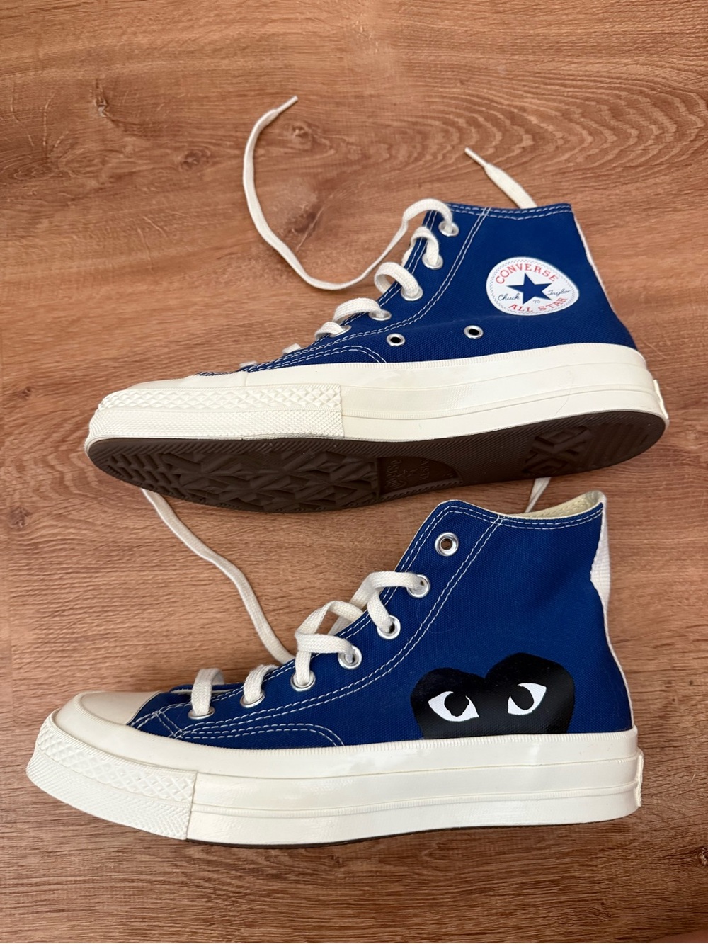 Converse Comme Des Garçons Blue High-Top Sneakers with Black Heart Graphic 7.5
